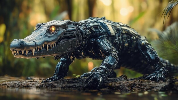 Un cocodrilo mecánico en una selva exuberante