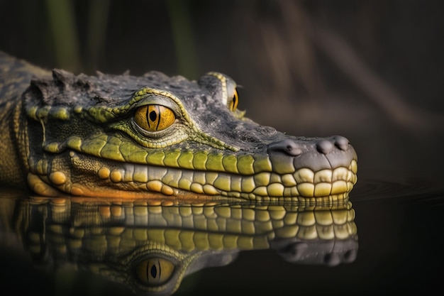 Un cocodrilo de ojos verdes se refleja en un charco de agua.