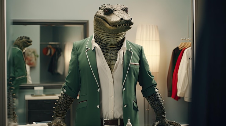Foto un cocodrilo de pie frente a un espejo y probando varios trajes de moda hyper real hd 4k