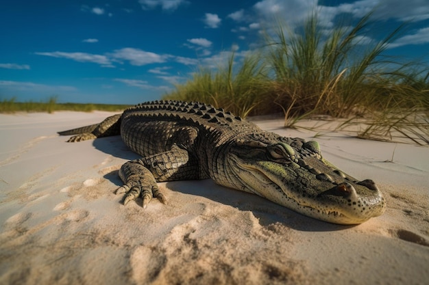 Un cocodrilo en una playa con el sol brillando sobre él.