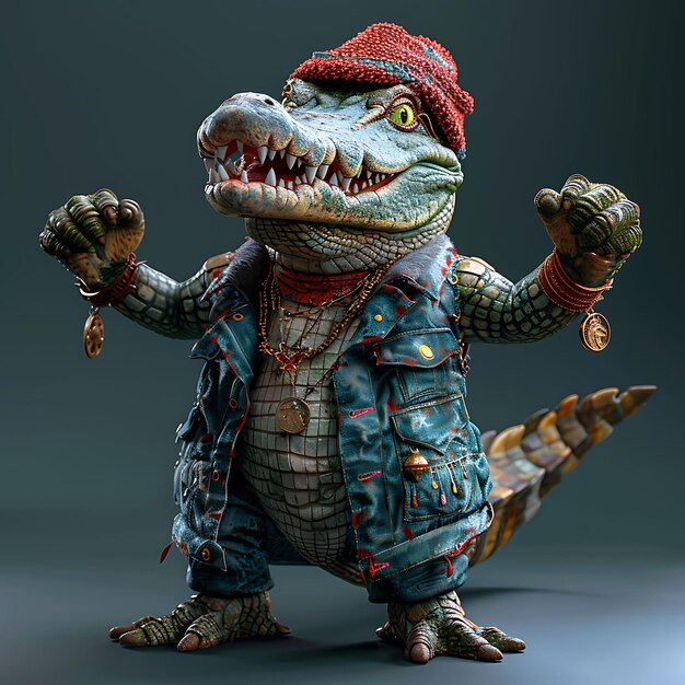 Foto cocodrilo con una postura de estrella de rock sonrisa rebelde piel escamosa personaje animal creativo en bg blanco