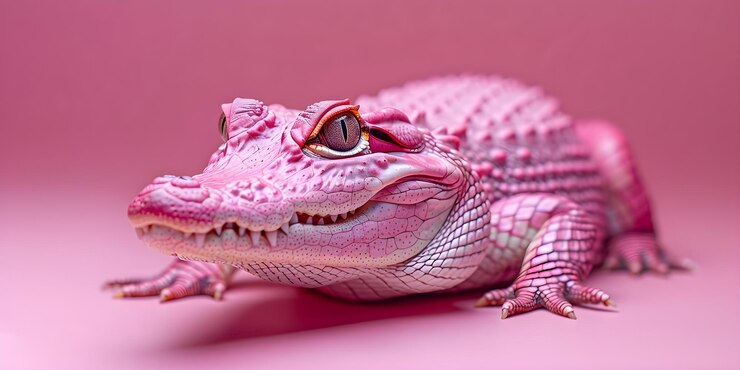 Foto un cocodrilo rosado en un concepto de escenario rosado monocromático vibrante diseño de conjunto de accesorios rosados monocromáticos juguetones concepto único
