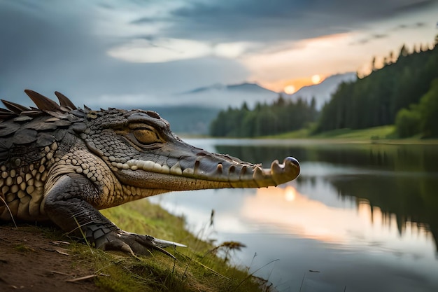 Un cocodrilo se sienta en la orilla de un lago.