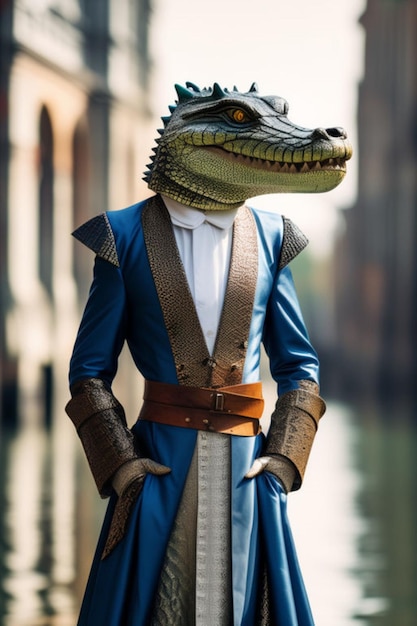 Foto cocodrilo en traje real en la ciudad de los humanos