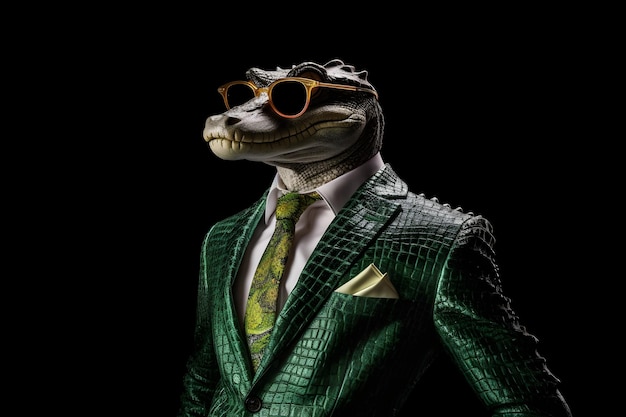 Foto un cocodrilo con traje verde y gafas de sol se para frente a un fondo negro.