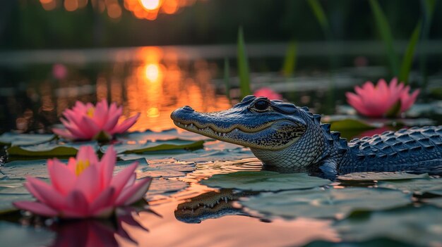 Un cocodrilo tranquilo entre los lirios acuáticos al atardecer
