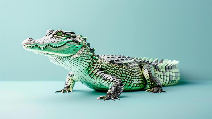 Foto un cocodrilo verde con un fondo blanco el cocodrillo está de pie en cuatro patas y mirando a la izquierda