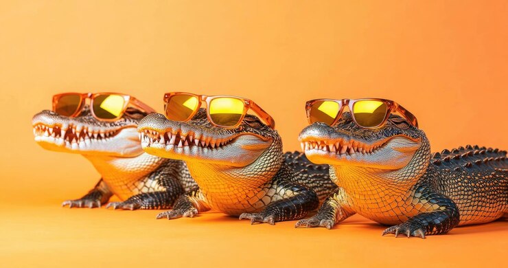 Foto cocodrilos felices con gafas de sol aislados sobre un fondo naranja
