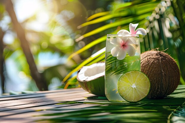 los cocos y la bebida de coco están en una mesa