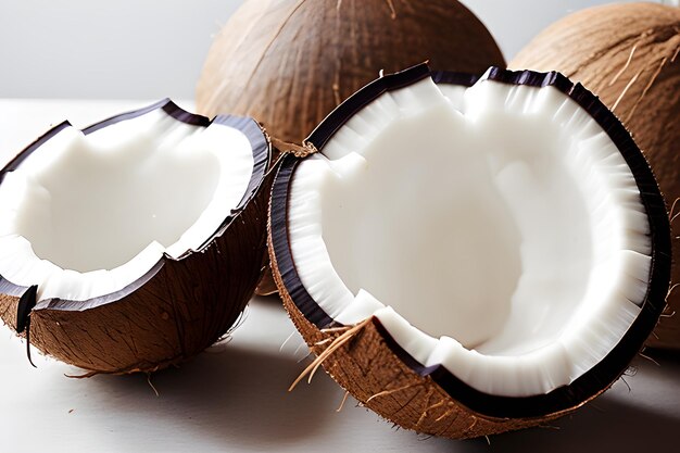 los cocos se cortan por la mitad y se sientan en una mesa blanca