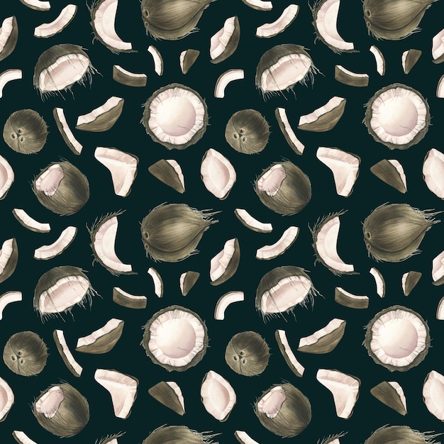 Foto cocos de diferentes formas, metades e pedaços ilustração em aquarela padrão sem emenda em um fundo preto da coleção coconut para decoração e design de papel de parede de tecido