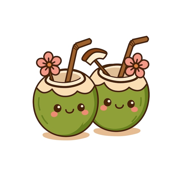 Cocos de dibujos animados con pajitas y flores para una bebida tropical