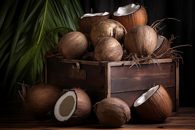 Cocos em caixas de madeira Cocos frescos