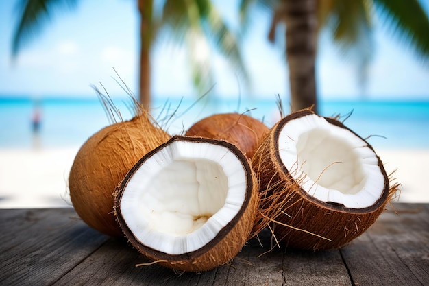 Cocos em uma mesa de madeira com uma praia ao fundo