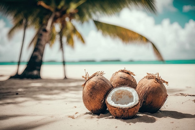 Cocos em uma praia com uma palmeira ao fundo