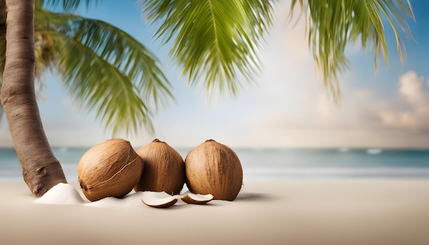 cocos em uma praia com uma palmeira ao fundo