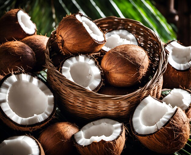 Cocos maduros y apetitosos en una cesta rebosante