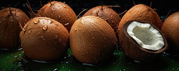 Foto cocos marrones frescos maduros con gotas de agua detalladas exocita bandera panorámica de frutas generative ai