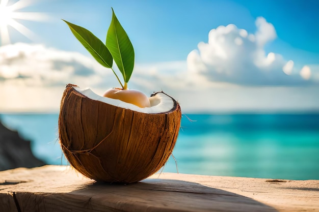 Cocos en una playa con el mar de fondo