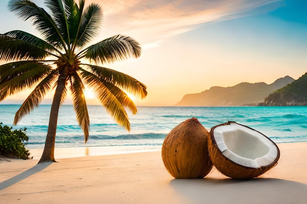 Cocos en una playa con una palmera al fondo