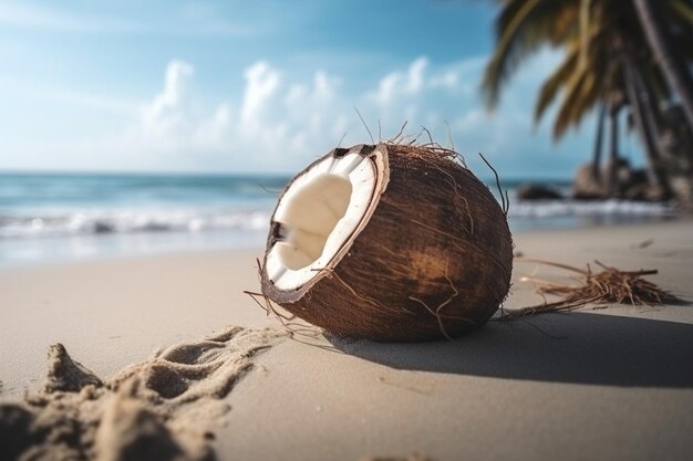 Cocos en una playa con una palmera al fondo