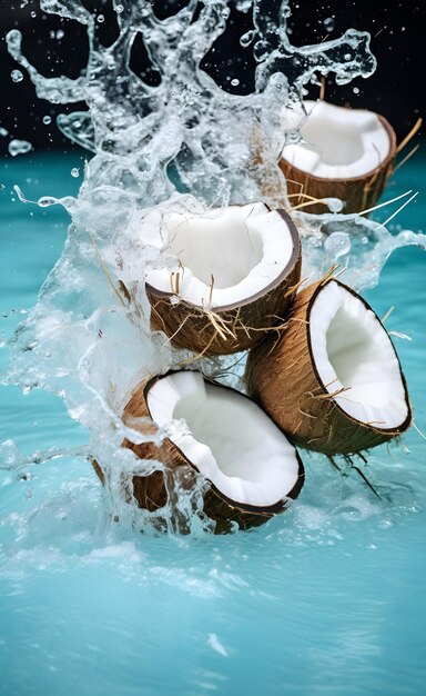 Foto cocos quebrando no ar levitação salpicos de água de coco