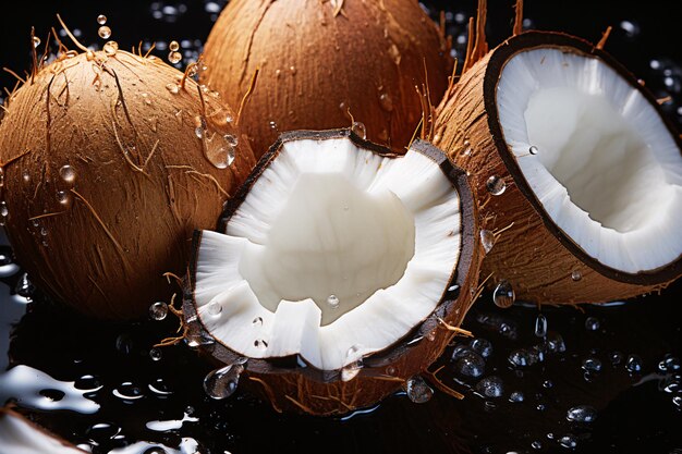 Cocos tropicales vibrantes dispuestos cuidadosamente en una mesa de madera Una obra maestra de IA generativa