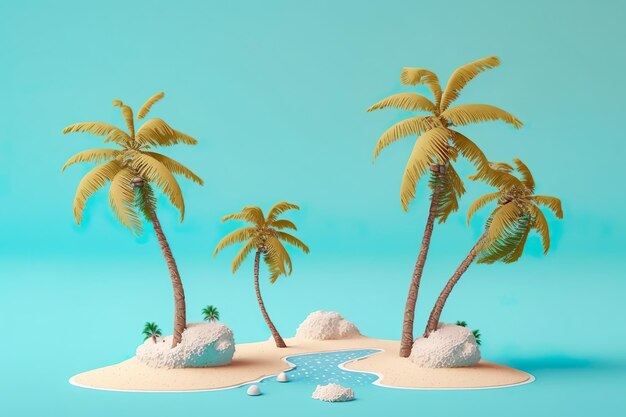 Cocoteros 3d en la arena de la playa Concepto de vacaciones de verano Generar Ai