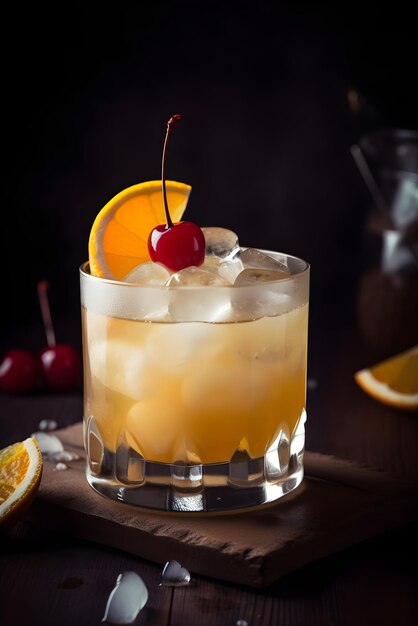 Cóctel agrio de whisky con hielo y naranja en vaso sobre un fondo negro AI generado