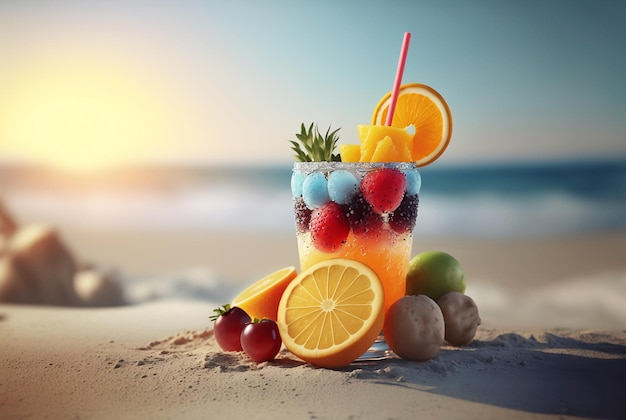 Cóctel de alcohol con frutas en la playa de verano