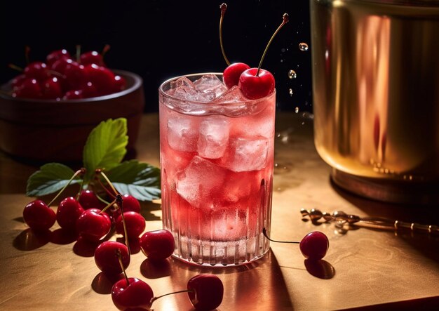 Cóctel de alcohol de verano con cereza y refresco en una mesa de acero dorado con cerezas maduras