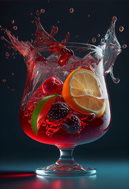 Cóctel alcohólico con frutas salpicadas de agua sobre un fondo oscuro