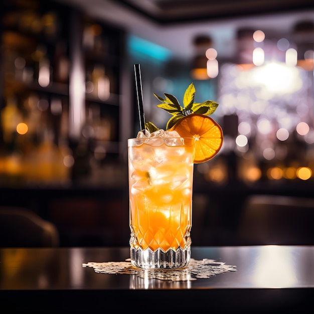 Cóctel alcohólico con hielo y limón o Vaso de limonada de naranja con hielo y menta