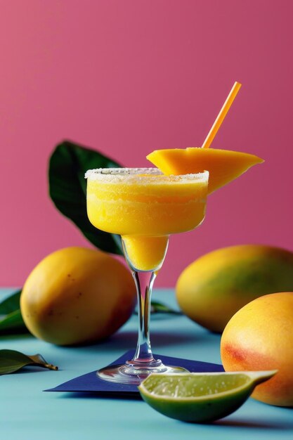 Un cóctel alcohólico de margarita de mango en un vaso clásico con fruta de mango