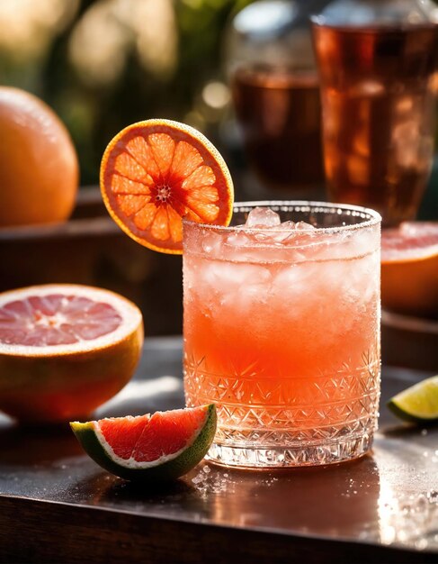 Foto cóctel alcohólico con pomelo y hielo foco selectivo a generativo