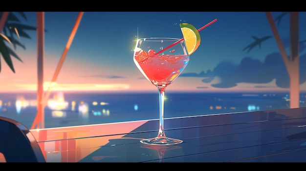 Cóctel de anime Lofi en un bar en la playa Fondo de papel tapiz de ilustración de vibraciones de verano IA generativa