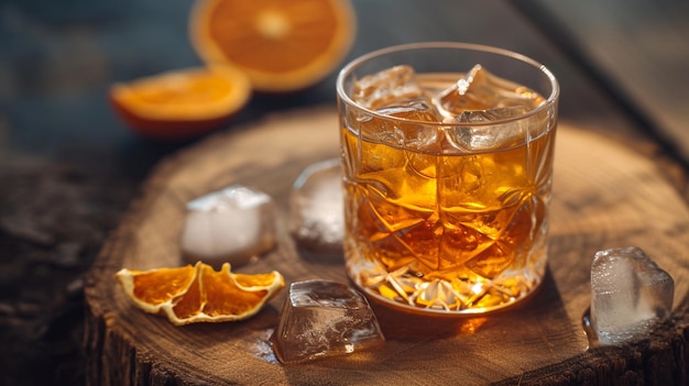 Un cóctel anticuado con hielo y naranja seca.