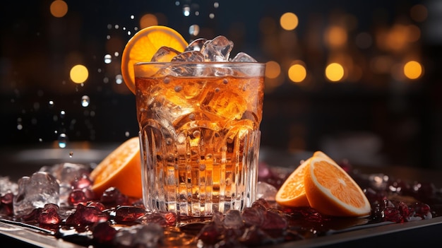 Cóctel Aperol Spritz con hielo y naranja en vaso sobre un fondo oscuro Concepto refrescante de verano