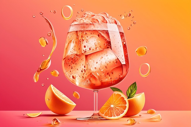 Cóctel Aperol Spritz sobre fondo rosa Ilustración de bebida de cóctel de alcohol con cubitos de hielo Generación AI