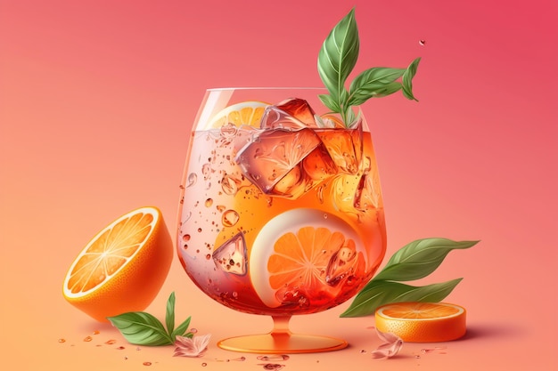 Cóctel Aperol Spritz sobre fondo rosa Ilustración de bebida de cóctel de alcohol con cubitos de hielo Generación AI