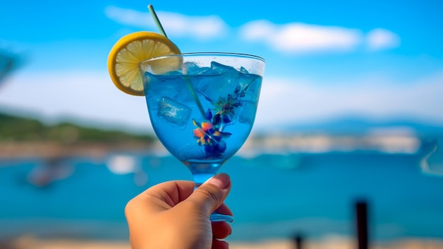 Foto coctel azul frio com frutas viendo la playa