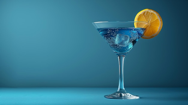 Cóctel azul con limón y hielo sobre fondo azul renderización 3D
