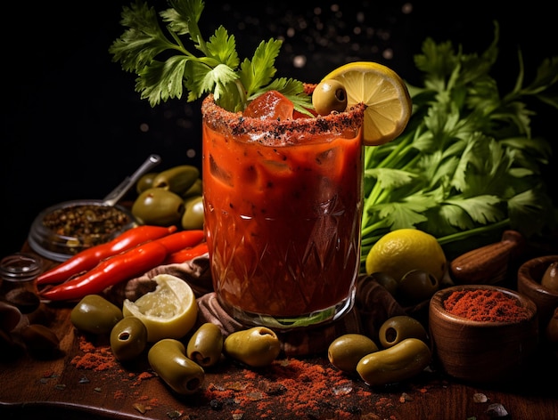 Cóctel Bloody Mary adornado con palitos de apio, aceitunas y tiras de tocino, bebidas generativas ai