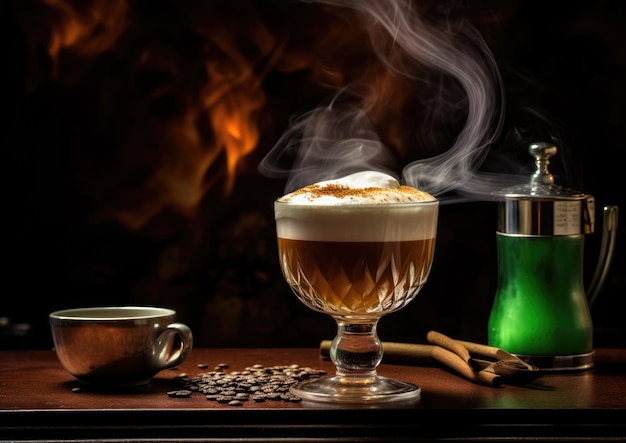 Foto un cóctel de café irlandés acompañado de un trago de whisky irlandés y un espresso humeante.