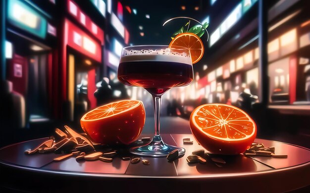 Un cóctel de café y jugo de naranja en la ilustración de la mesa de comida callejera