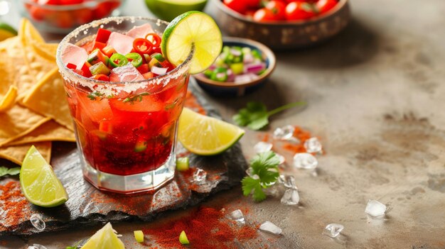 Foto cóctel de camarón mexicano en un vaso adornado con lima servido con papas fritas de tortilla en una mesa rústica