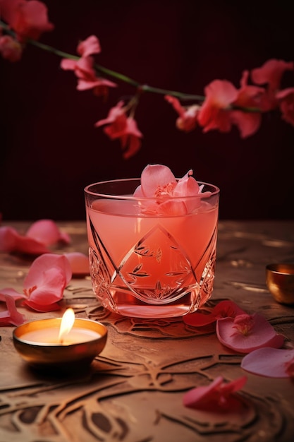 Cóctel de cereza rosa en un vaso delgado cóctel de primavera para una cena romántica fecha de San Valentín