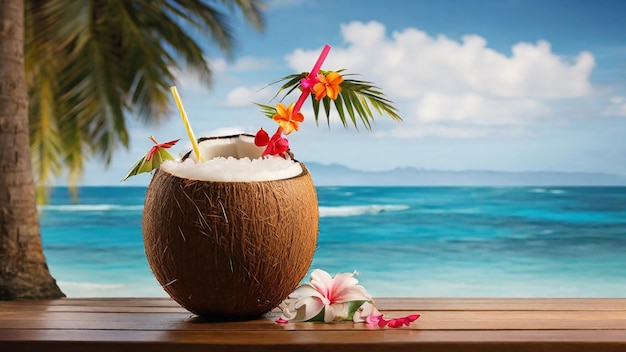 Cóctel de coco con flores en una mesa de madera sobre el fondo del mar