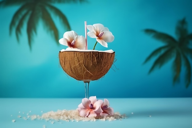 Un cóctel de coco con flores rosadas y un coco sobre un fondo azul.