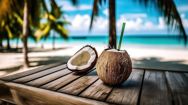 cóctel en coco en la mesa de madera hay un claro